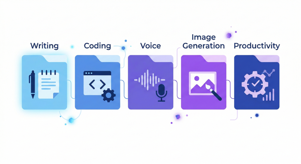 AI tools categories writing coding voice image productivity