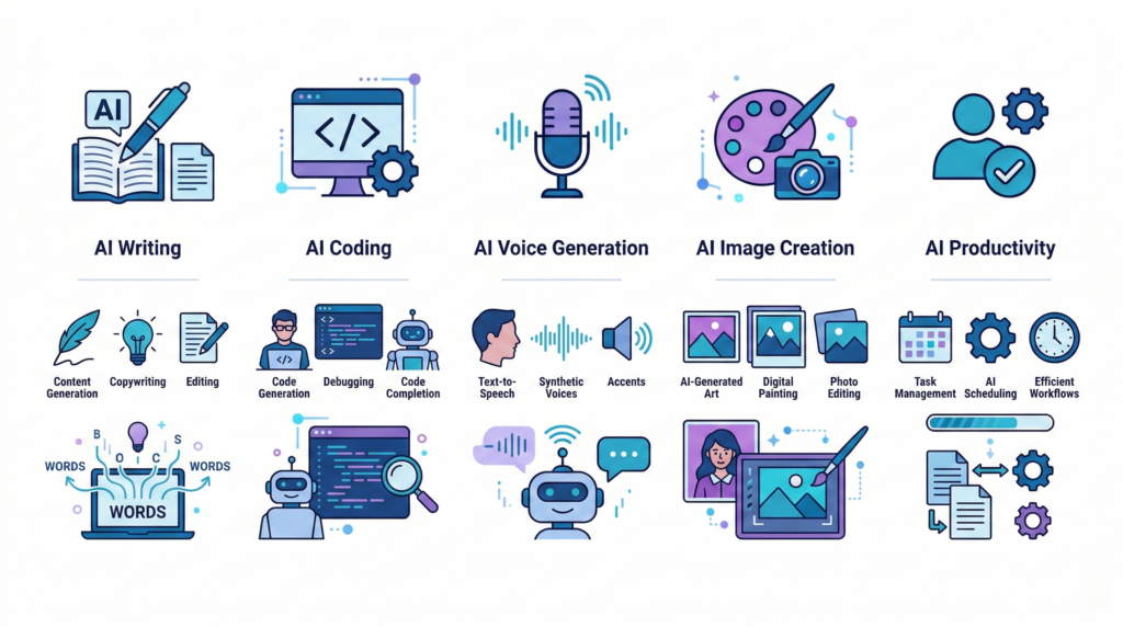 AI tools writing coding voice and image generation categories
