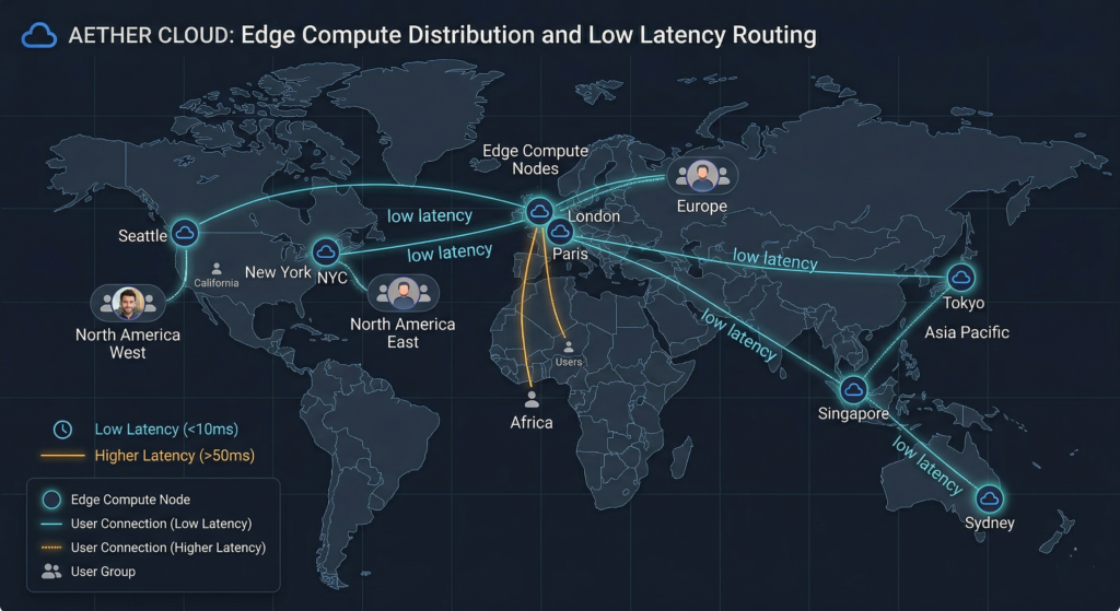 Global edge computing nodes handling user requests with low latency
