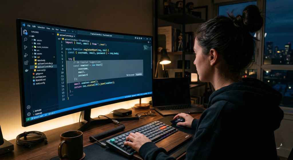 GitHub Copilot suggesting code inside VS Code in a real developer workspace