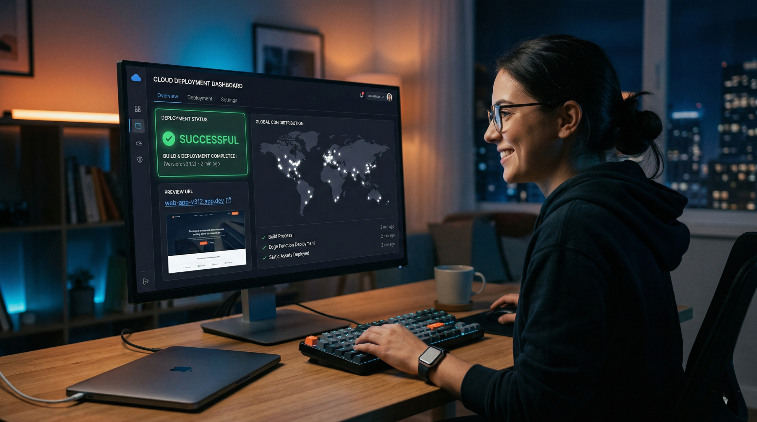 Developer deploying a web application using a cloud deployment platform dashboard