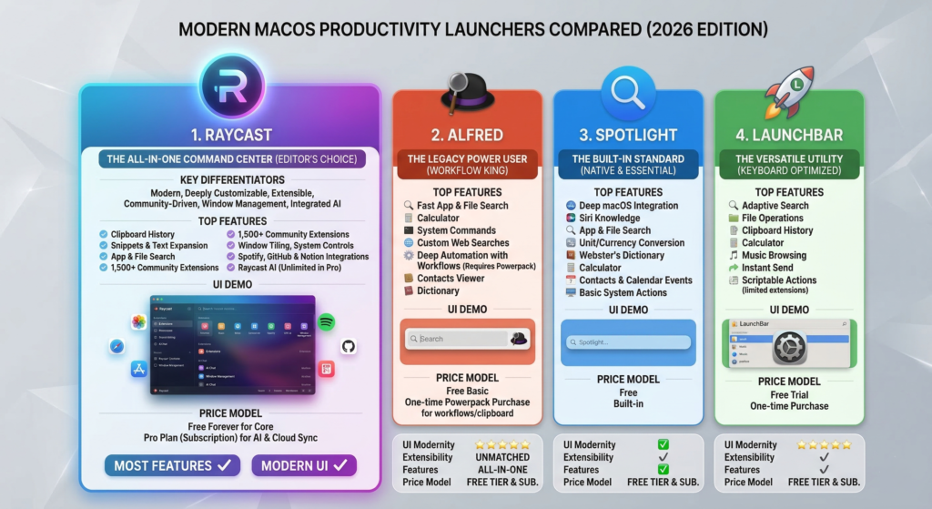 Comparison of Raycast vs Alfred vs Spotlight vs LaunchBar
