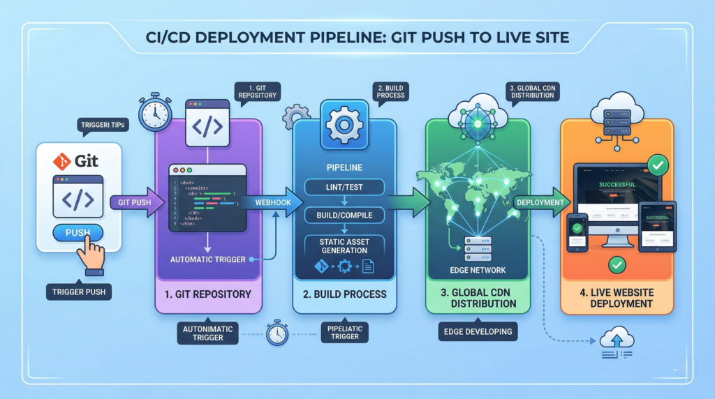 Git push triggering automatic deployment pipeline to global CDN